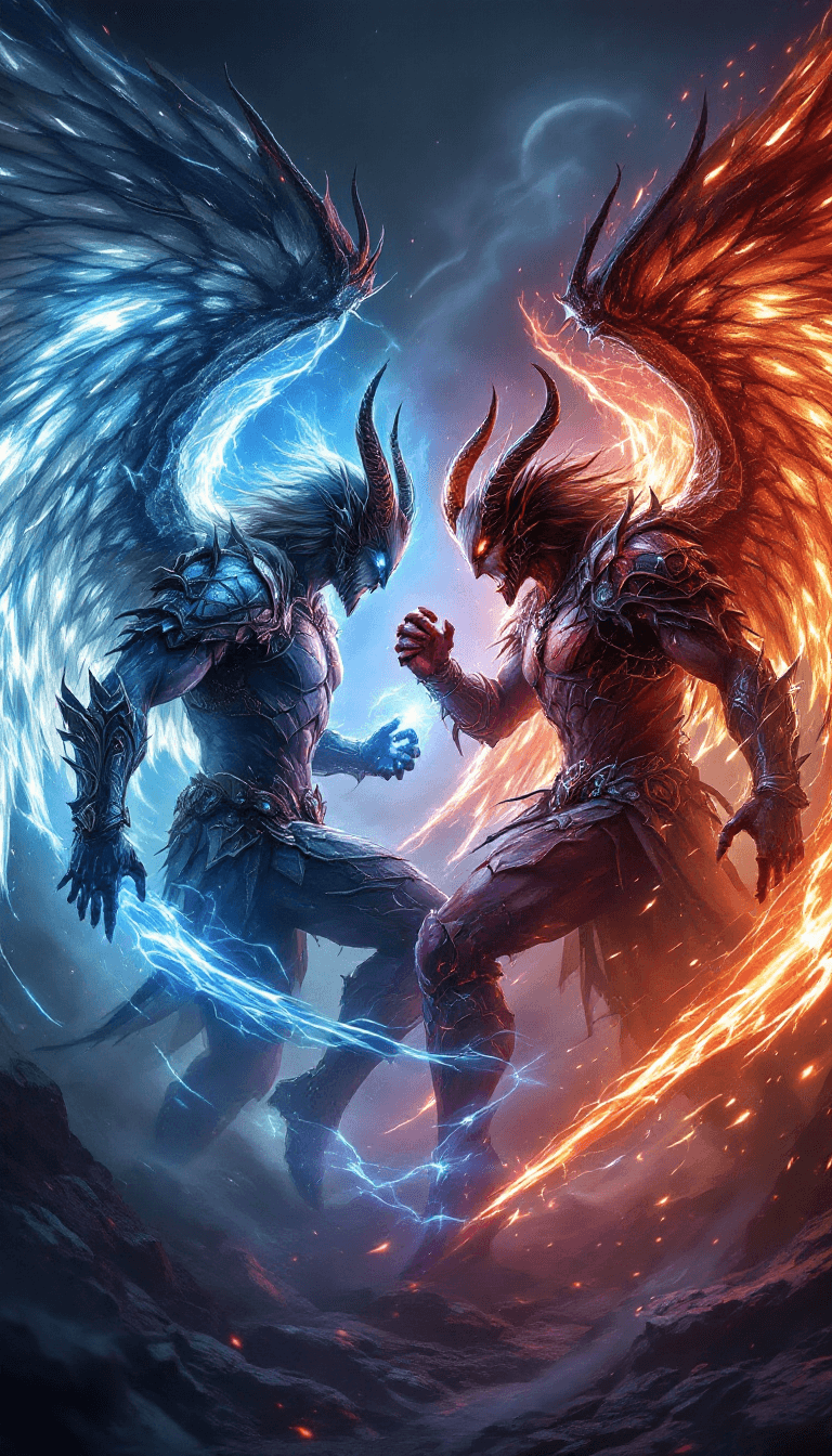 AI generated: Epic Fight between one angel and one demon, angel and demon wings, Extrem perky skin, freckles, real...