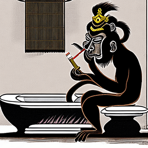 AI generated: chinese monkey king sitting on a toilet, with one hand on forehead holding cigarrette, looking down ...
