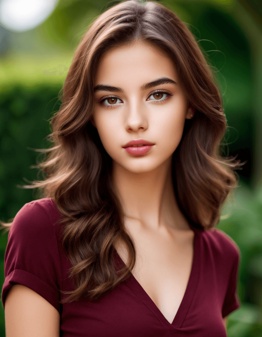 AI generated: The photo features a young woman in her twenties with fair, clear skin and a heart-shaped face. Her ...
