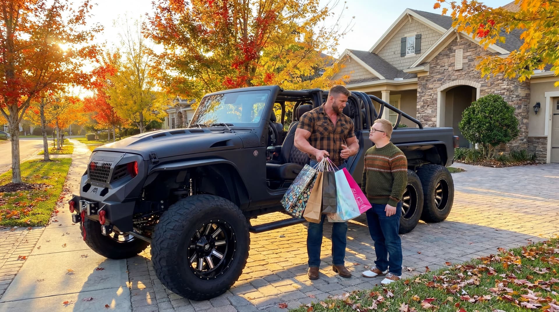 AI generated: The two individuals are having a conversation next to the Jeep. The bodybuilder looks the same, he i...