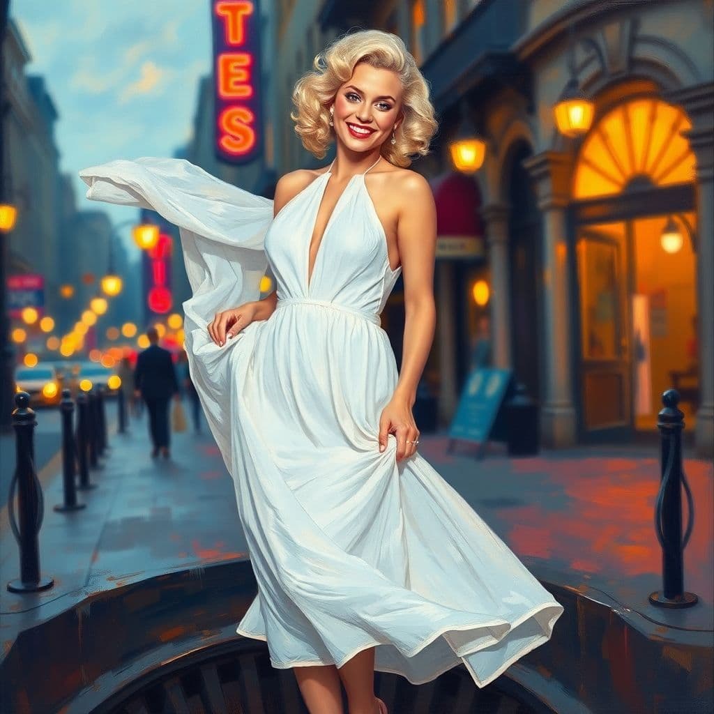 AI generated: A woman reminiscent of Marilyn Monroe stands above a subway grate, wearing a vintage white halter dr...
