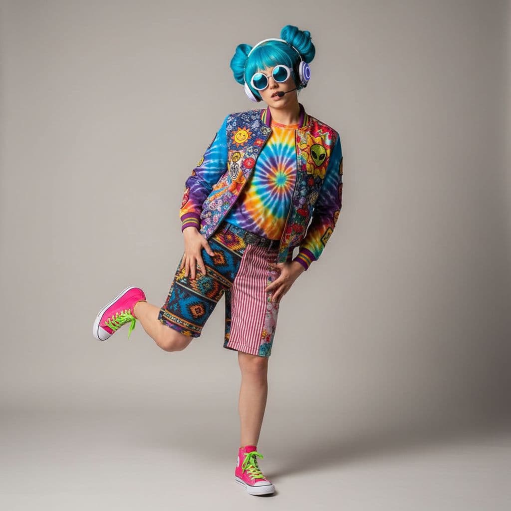 AI generated: a person posing in an eclectic and colorful outfit. They are wearing a vibrant jacket with patches, ...