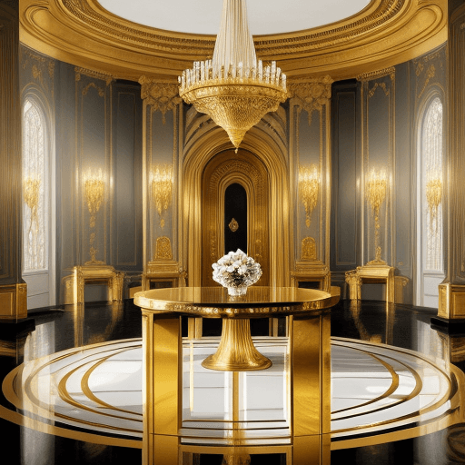 AI generated: Hyper realistic eye level interior photo of a Royal Palace circular room, a pillar holds a golden ro...