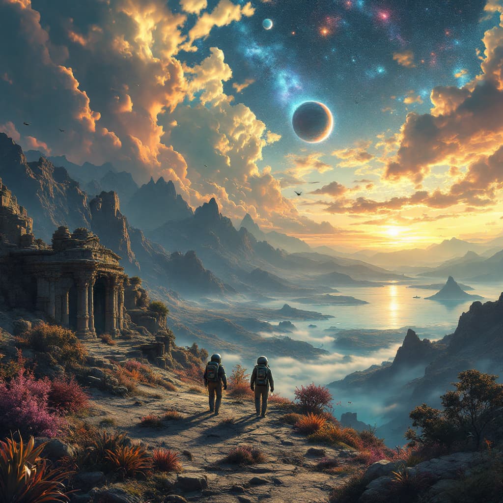 AI generated: extrem fantastic view over an alien landscape on anaother planet ,far away in a distant galaxy,very ...