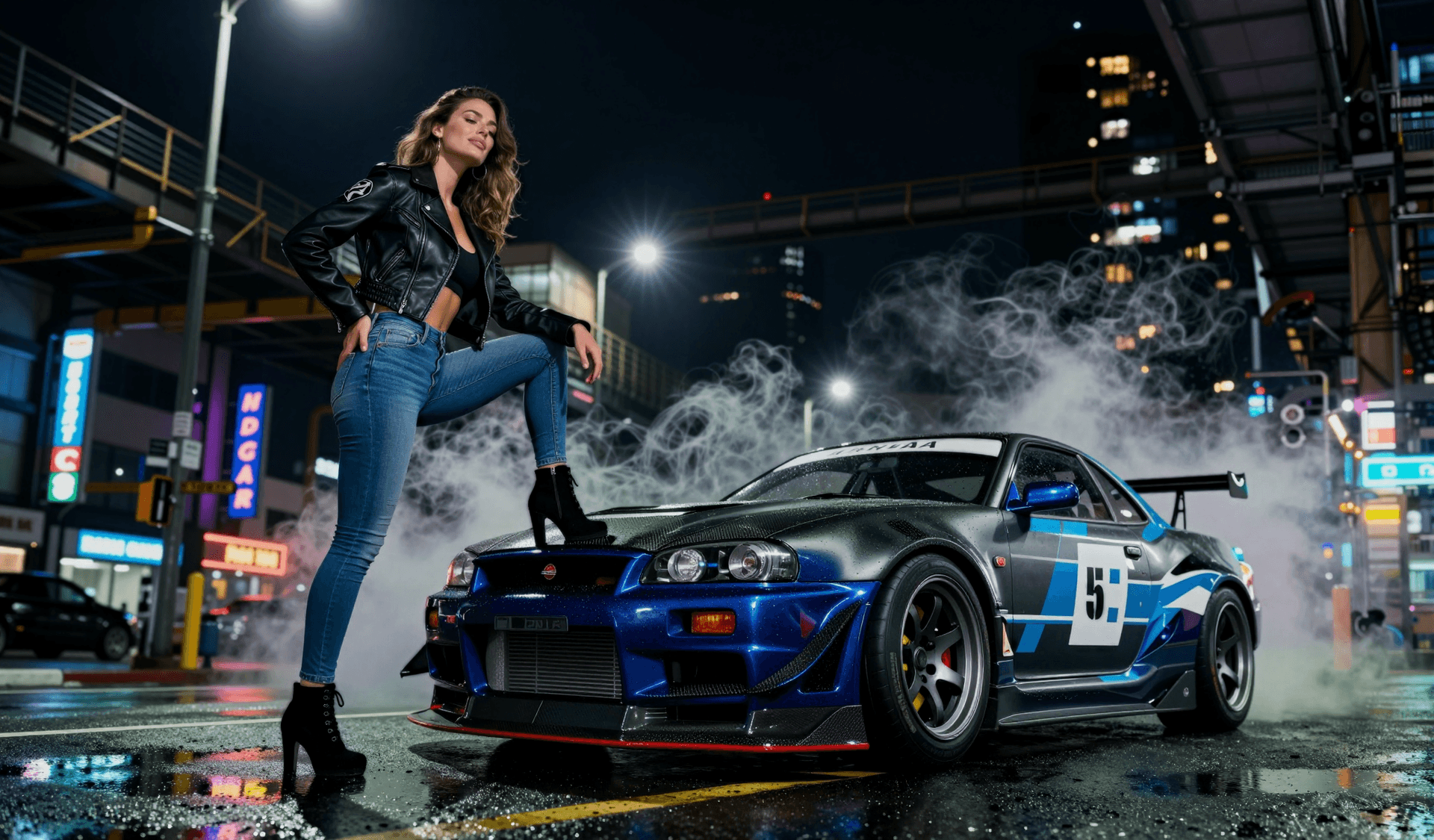 AI generated: Automotive editorial featuring a woman in full body tight denim jeans and cropped leather jacket, St...