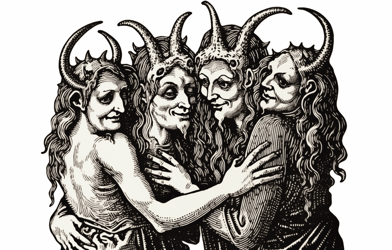AI generated: medieval woodcut of three people hugging, one is a demon with horns and fangs, the other two have hu...