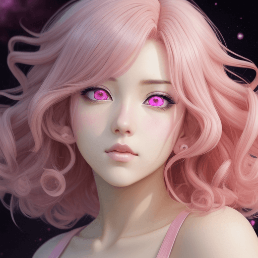 AI generated: anime style, Handsome woman with pink medium length curly hair, pink galaxy in her eyes, revealing h...