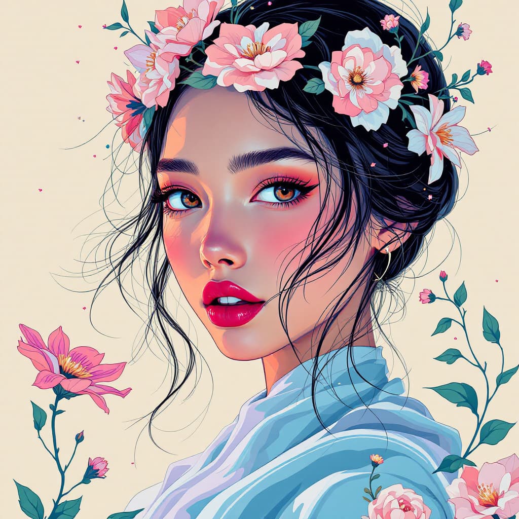 AI generated: "A high-resolution digital portrait of a girl with a floral crown, blending the bold, comic-inspired...