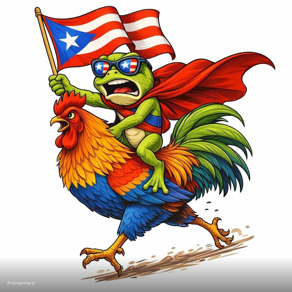AI generated: angry superhero frog riding a proud rooster like a heroic horse, the frog wearing a flowing superher...