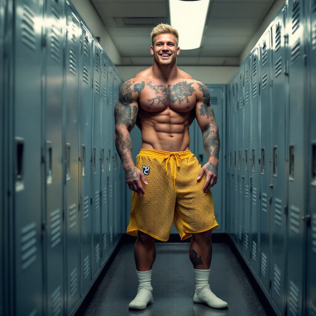 AI generated: Locker room, tall college football player, short blond hair, blue eyes, muscles, yellow mesh knee le...