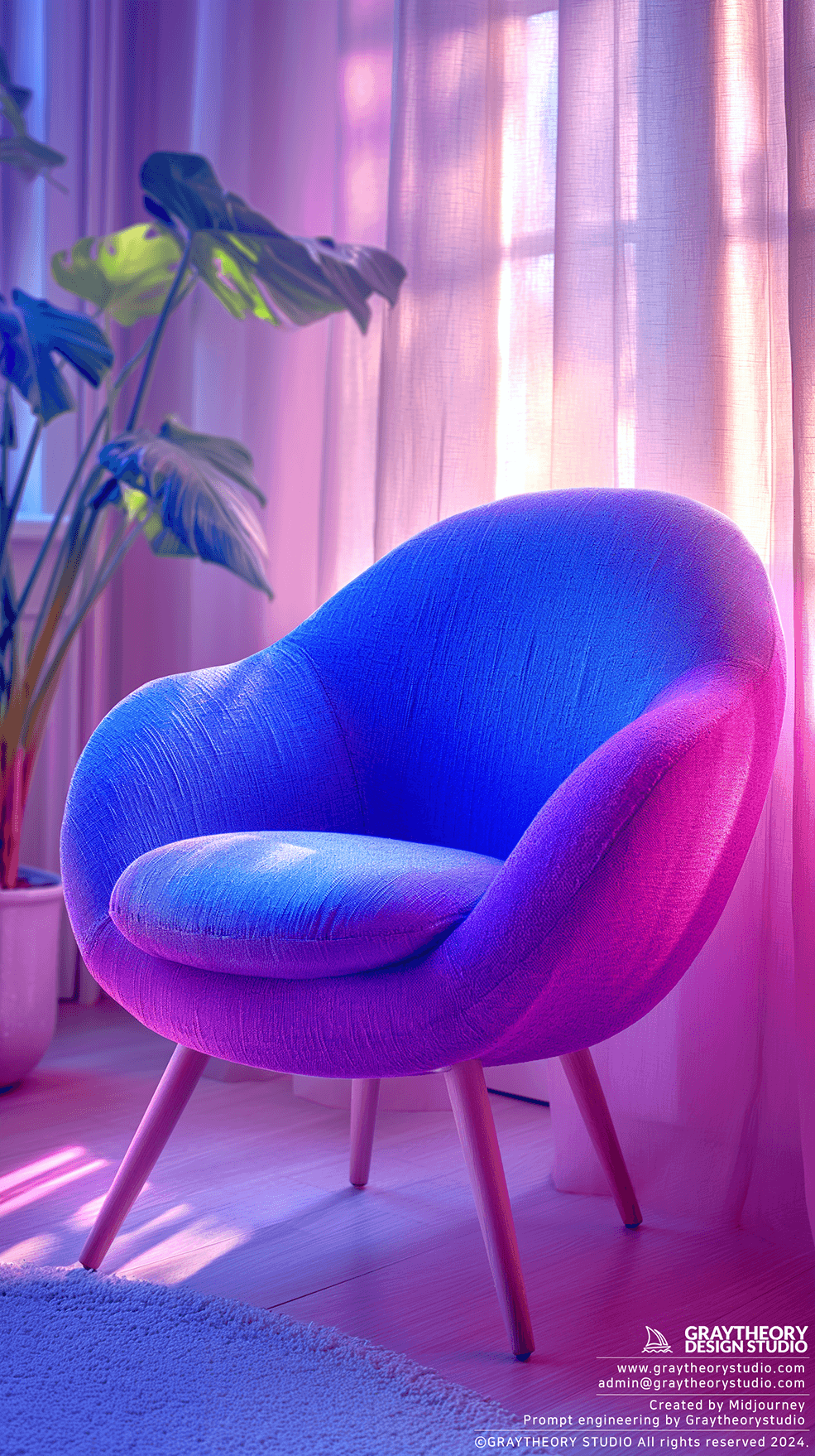 AI generated: minimalism chair detail in a white studio, Hasselblad X1D, white steel and blue and purple color fab...