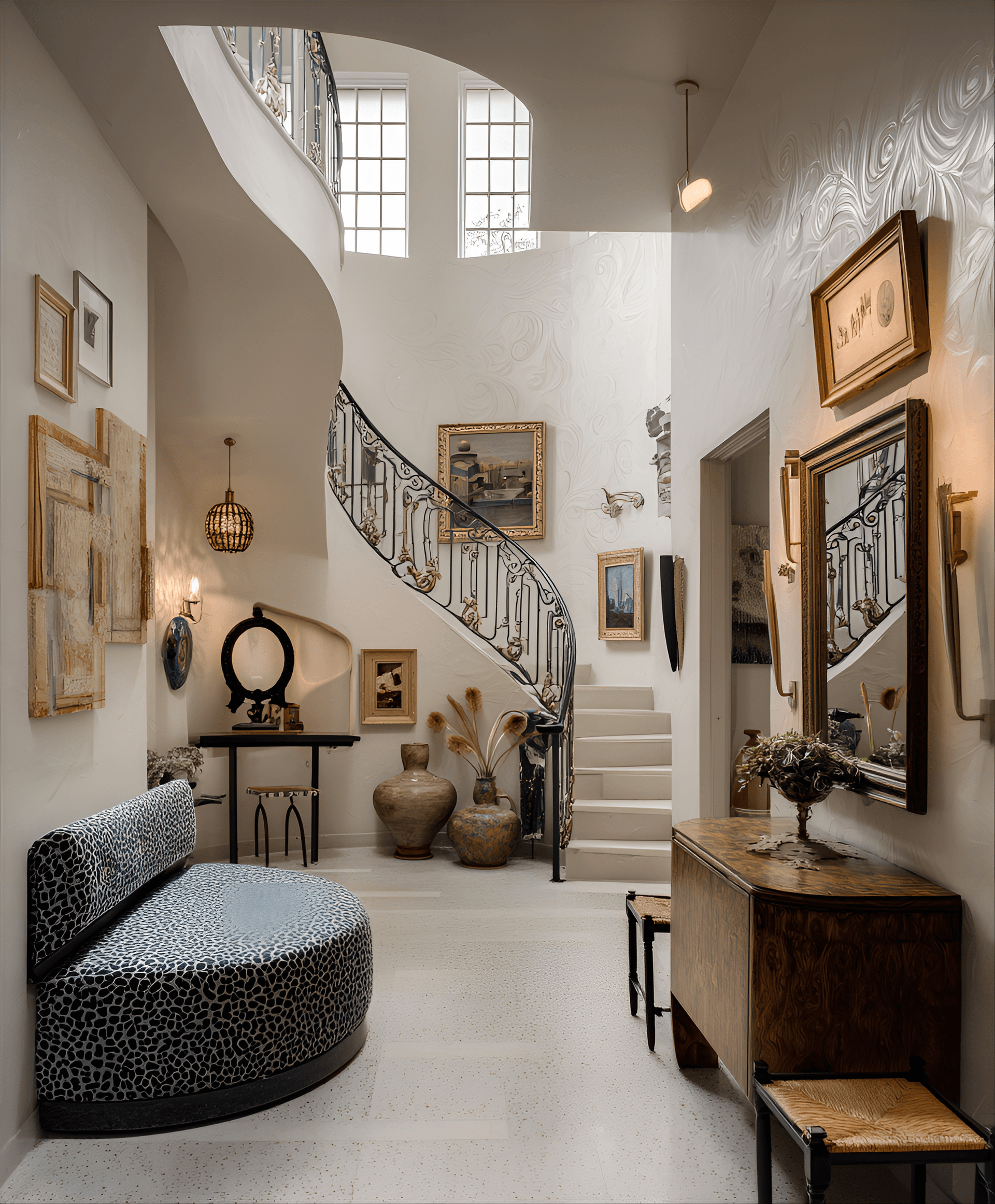 AI generated: photography, a space with high ceilings, terrazzo flooring, curated art pieces, and bold furniture c...