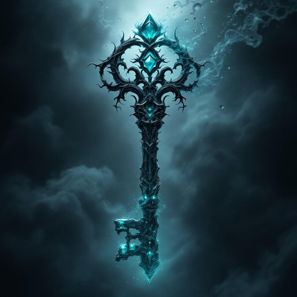 AI generated: Create a key made of black and Teal Quartz with darkness and shadows flowing at the hilt  - Darkness...