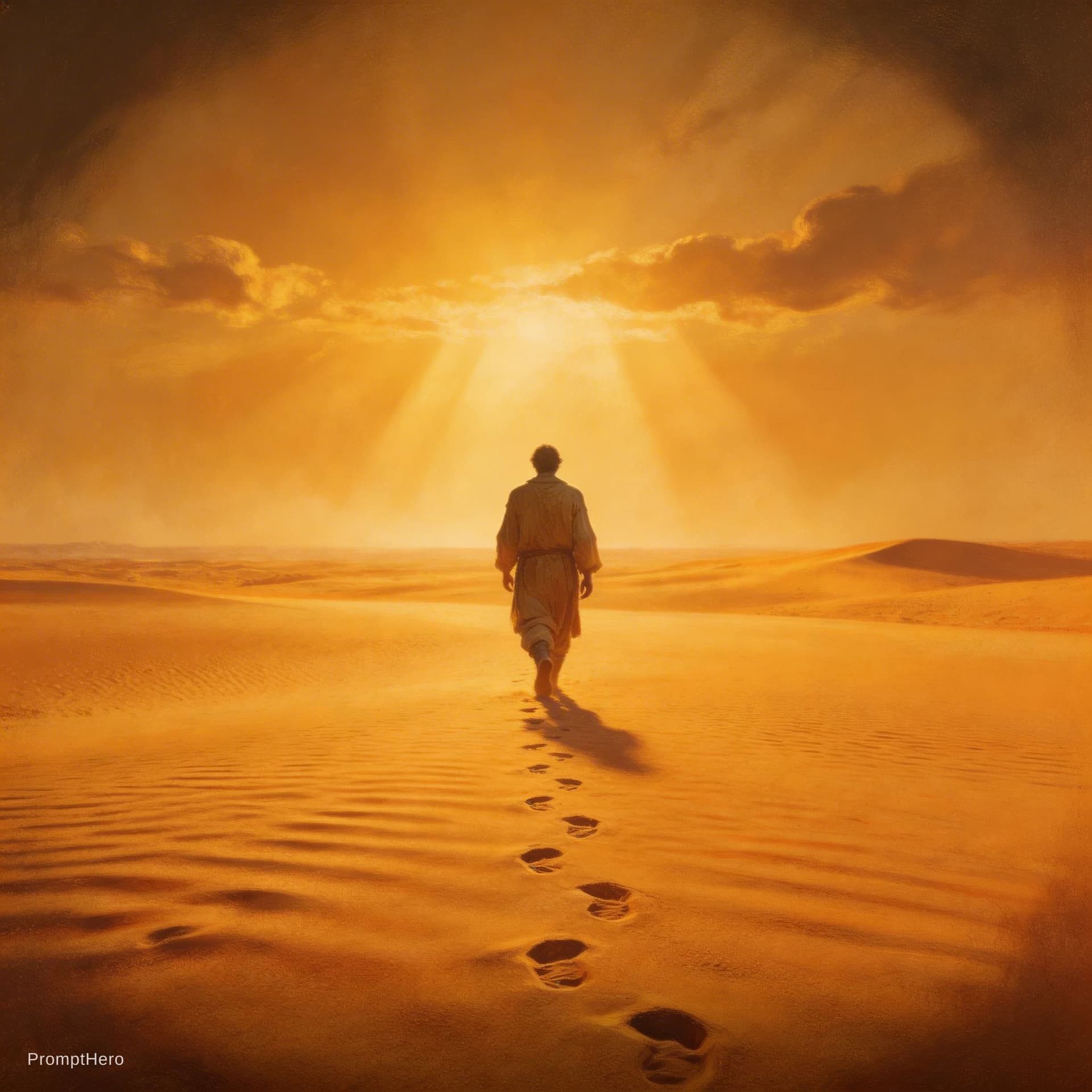 AI generated: A cinematic scene of a person walking back toward a bright light in the distance, symbolizing return...
