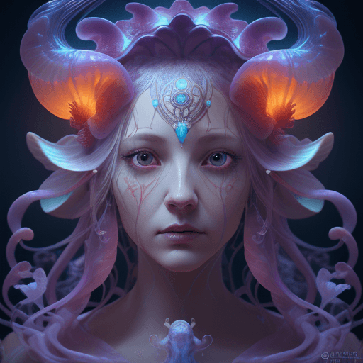AI generated: Goddess close-up portrait ribcagel. jellyfish phoenix head, nautilus, orchid, skull, betta fish, bio...