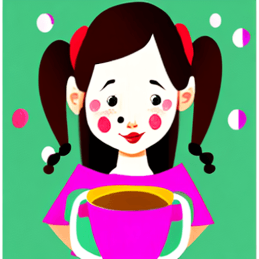 AI generated: puzzled girl holding an upside down cup; style: cartoon