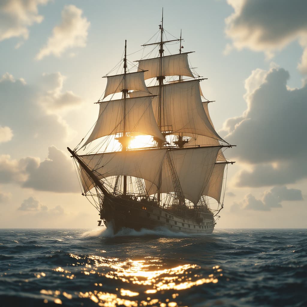 AI generated: Photo of a ultra realistic sailing ship, dramatic light, pale sunrise, cinematic lighting, battered,...