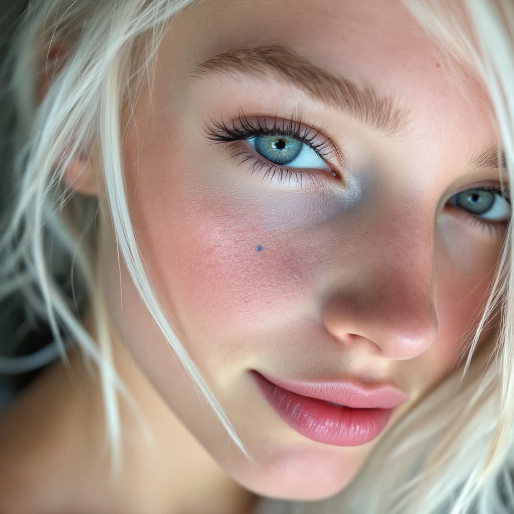 AI generated: 16 year old women, with beautiful white blondish hair, pink nice lips, straight teeth, light eyebrow...