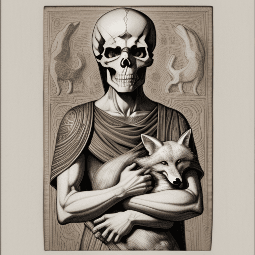 AI generated: A human skull holding a fox, an engraving from the 4th century AD, in the style of Picasso. --ar 27:...