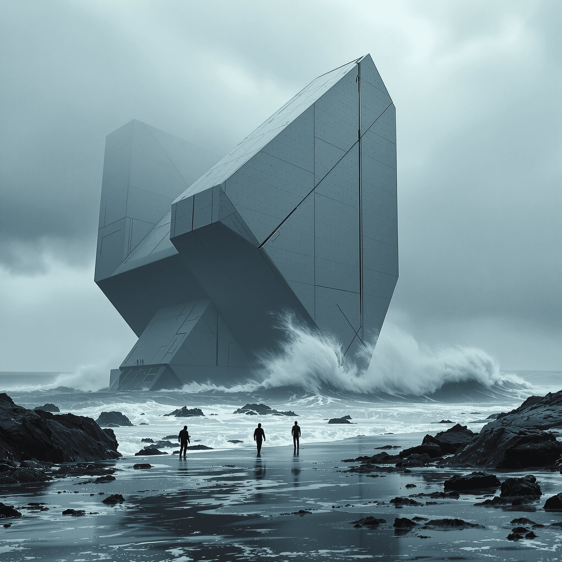 AI generated: minimalist sci-fi, workers approach colossal tidal energy plant, massive waves crash against structu...