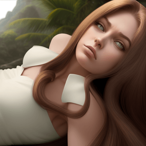 AI generated: Giantess photorealistic woman lying on in island tall long hair Annie woman posing