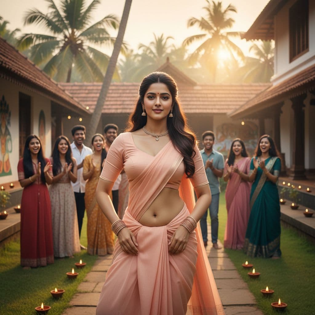 AI generated: A stunning, 20 year old South Indian woman, resembling Tamannaah Bhatia. She is dancing on the backy...