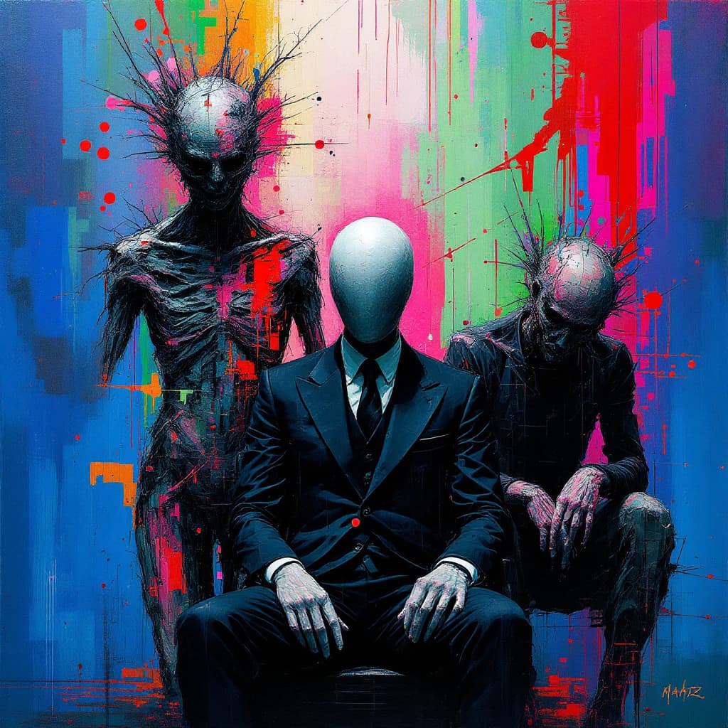 AI generated: A surreal, abstract artwork featuring three figures. The central figure is seated in a dark suit, wi...