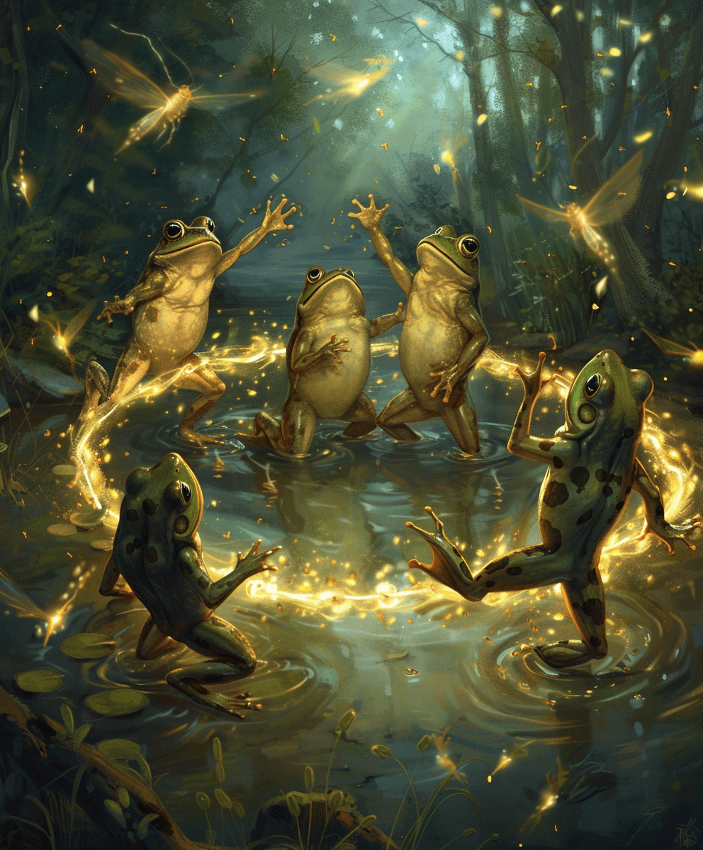 AI generated: A group of frogs, holding hands in the center and dancing around an enchanted firefly ring in the st...
