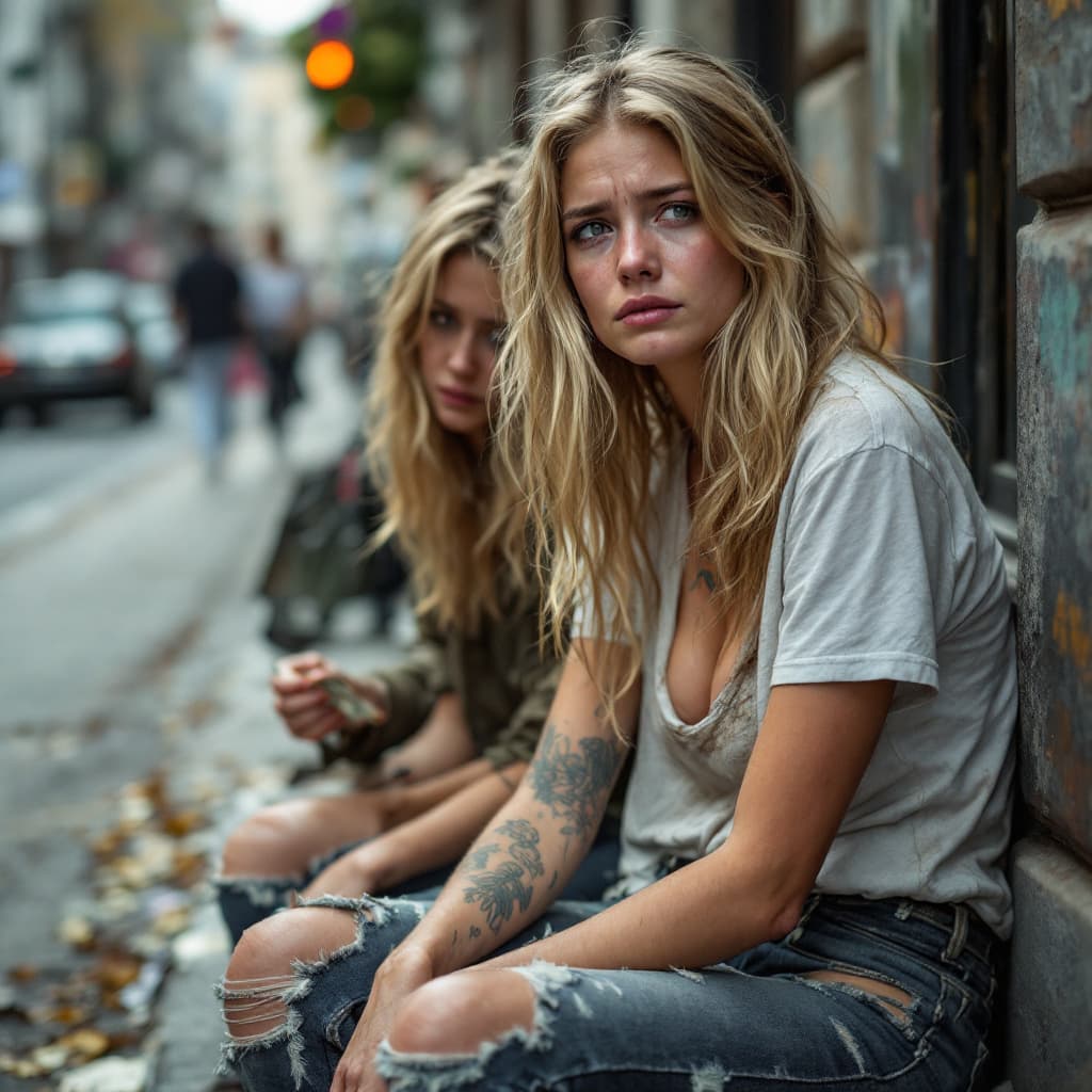 AI generated: homeless blonde girls with large chest  are sitting in the street begging for money. they are crying...