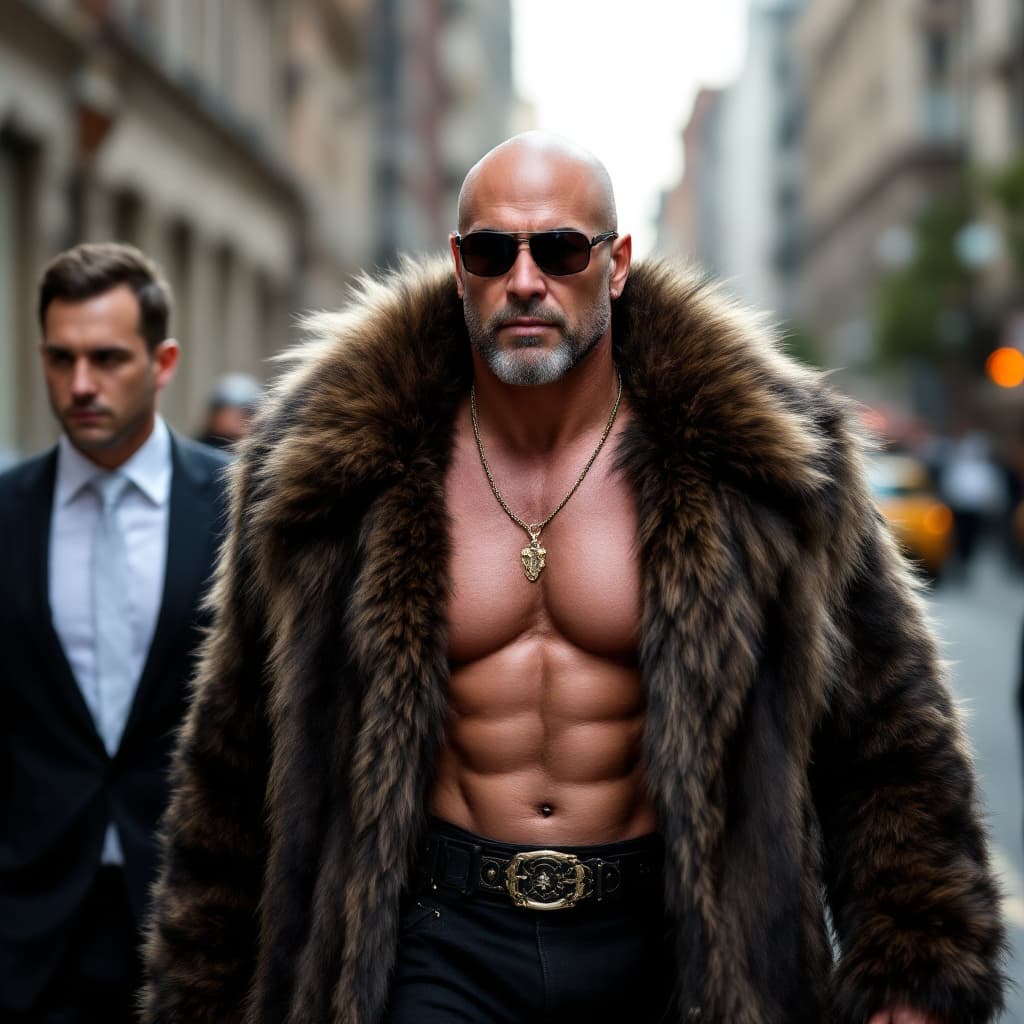 AI generated: A rich and muscular, fur-clad, shaved man without glasses walks along a wide street, accompanied by ...