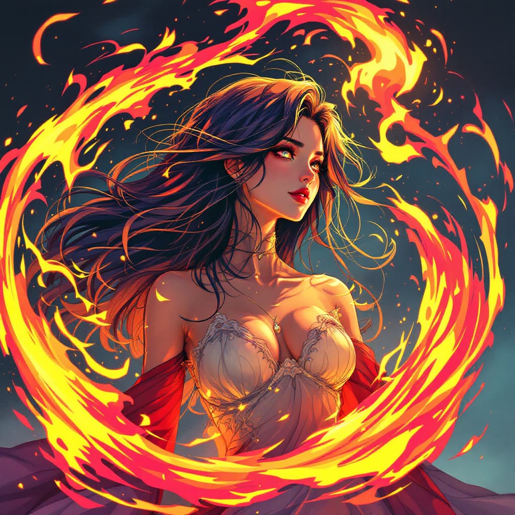 AI generated: A Ghibli art-style illustration of a Pretty women with long flowing hair and a short. She is surroun...