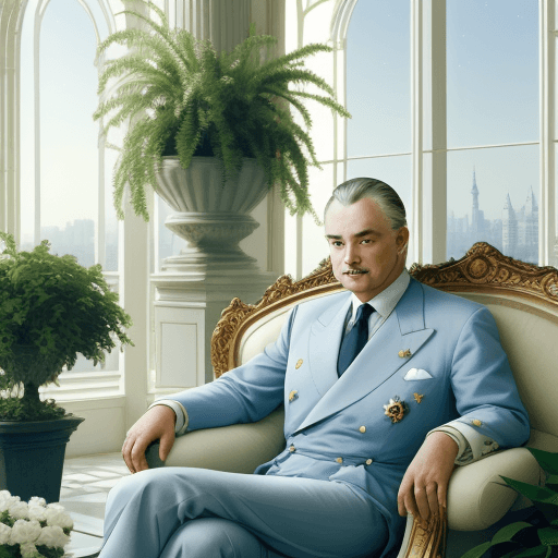 AI generated: Prince Rainier III sitting on a couch, White city, future city, bright, pillars, purity, plants, flo...