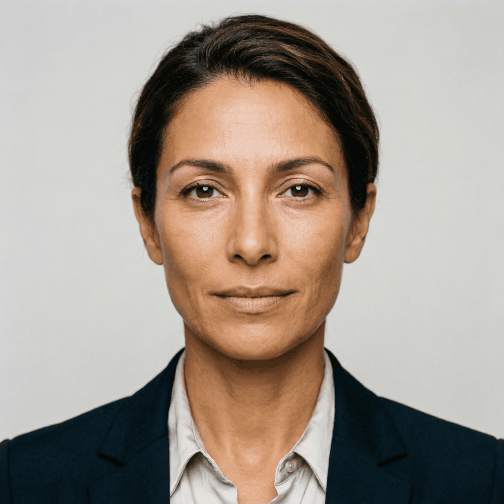 AI generated: A highly realistic ID-style portrait of an attractive Spanish woman around 38–42 years old, with a n...