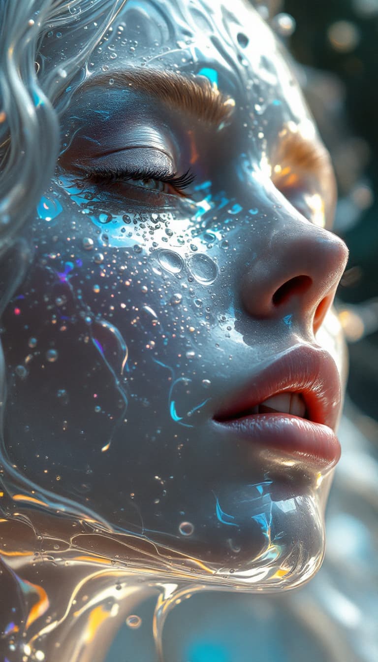 AI generated: Close up of a mesmerizing Female liquid mercury macro complex angles, portal to female shape-shiftin...