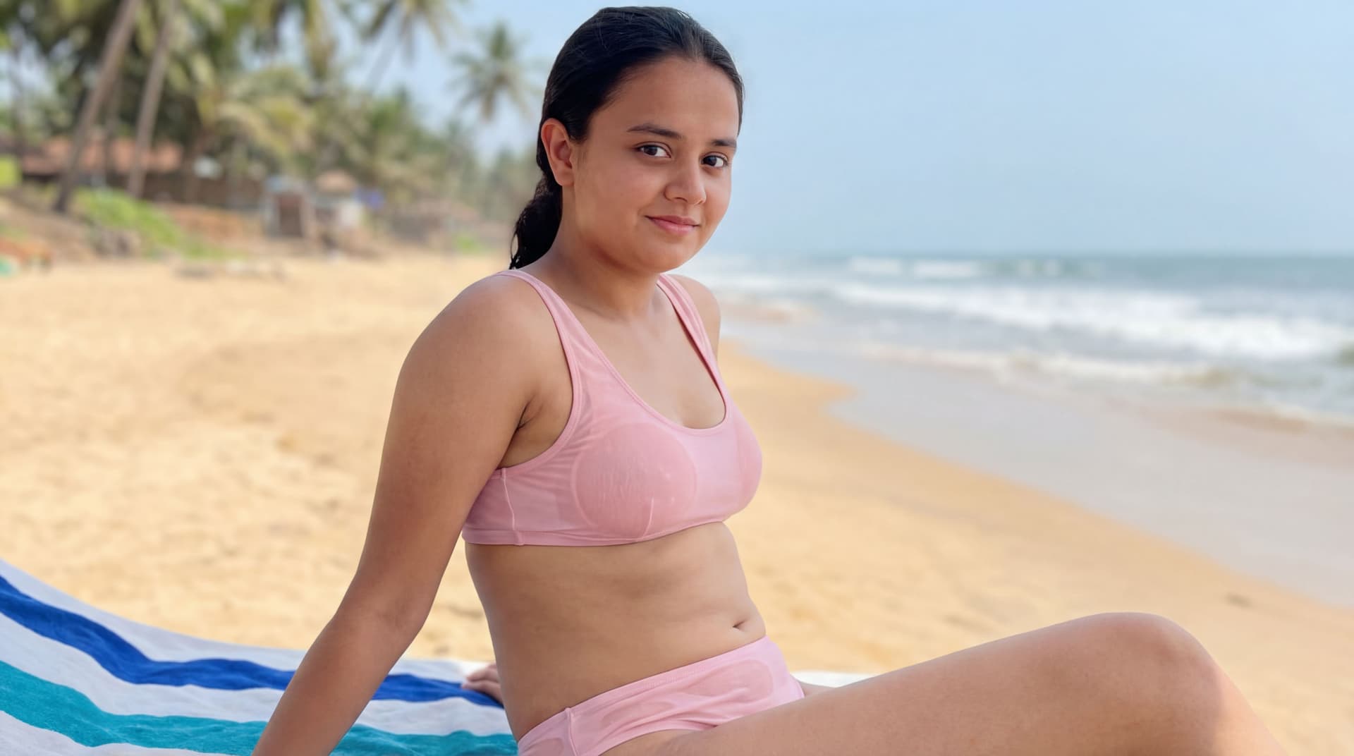 AI generated: I want this girl in light pink transparent bikini 