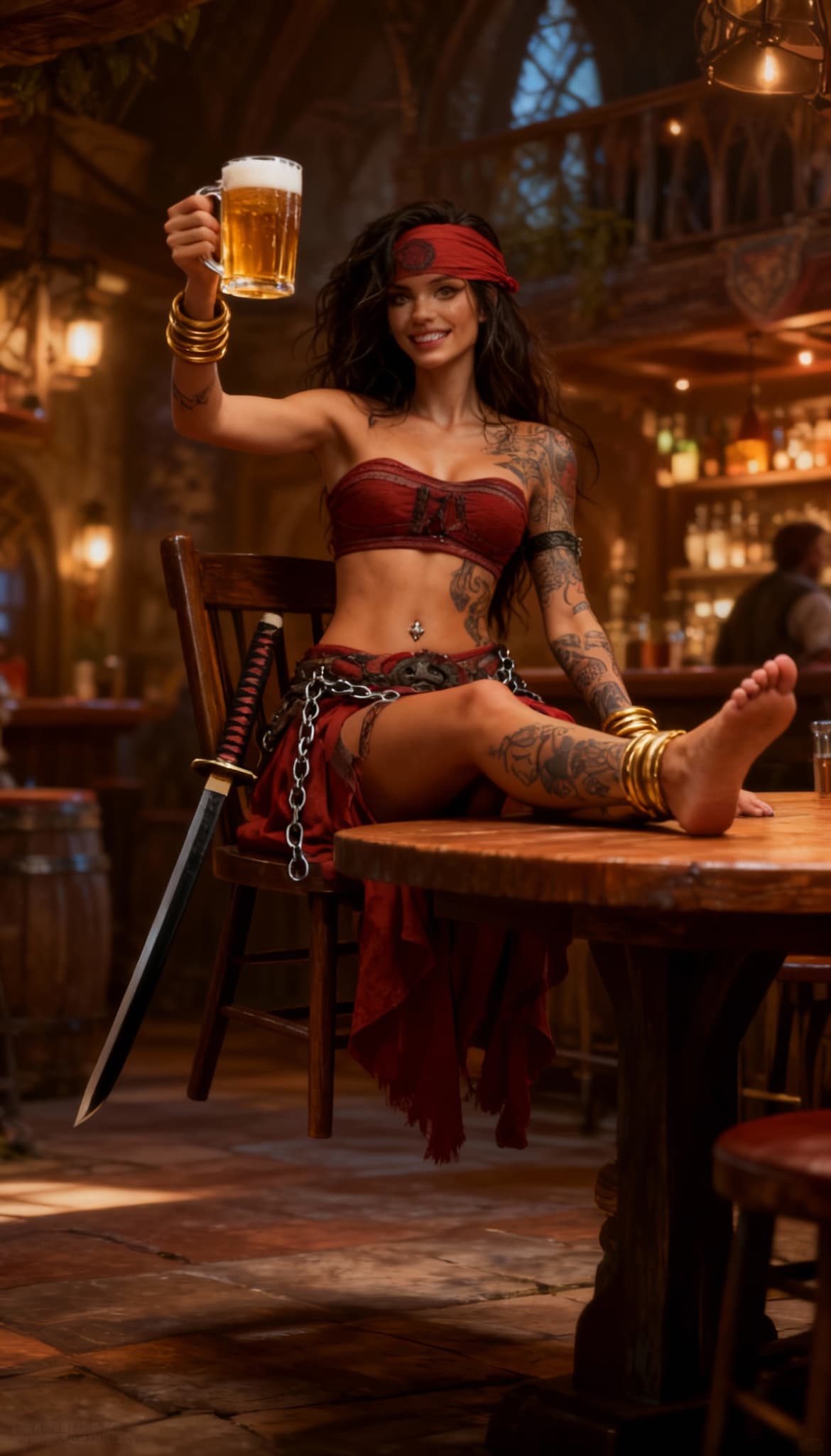 AI generated: freepik_@img2, barefoot, with his katana in its sheath, sitting at a table in a fantasy tavern with ...