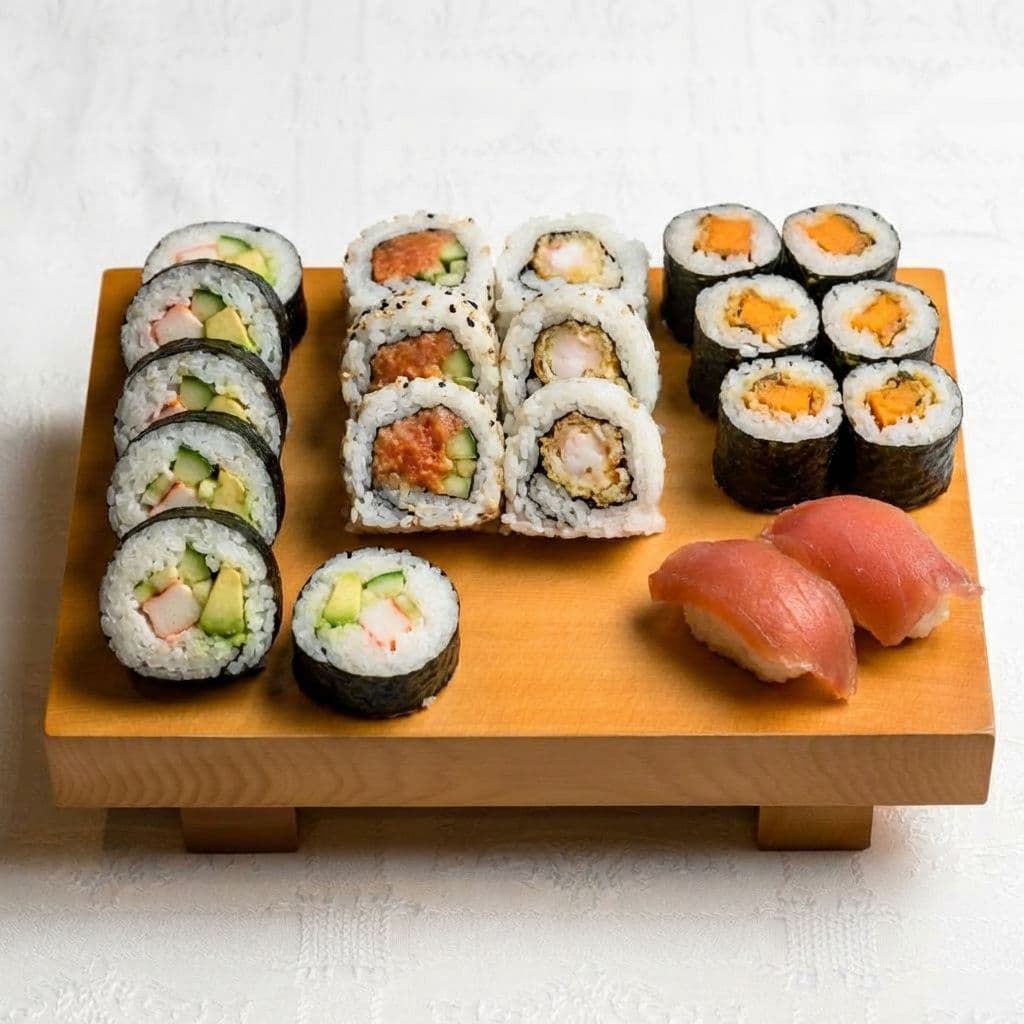 AI generated: Haz un combo con 5 Maki California, 5 Uramaki Atún picante, 5 Uramaki Gambón rebozado, 5 Maki Boniat...