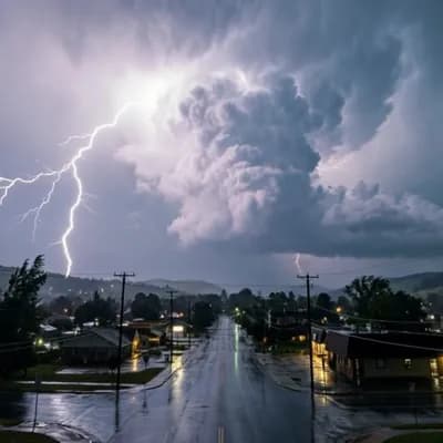 AI generated video: Lightning bolts and thunder with blowing wind and rain.  A united 747 flying from left to right in t...