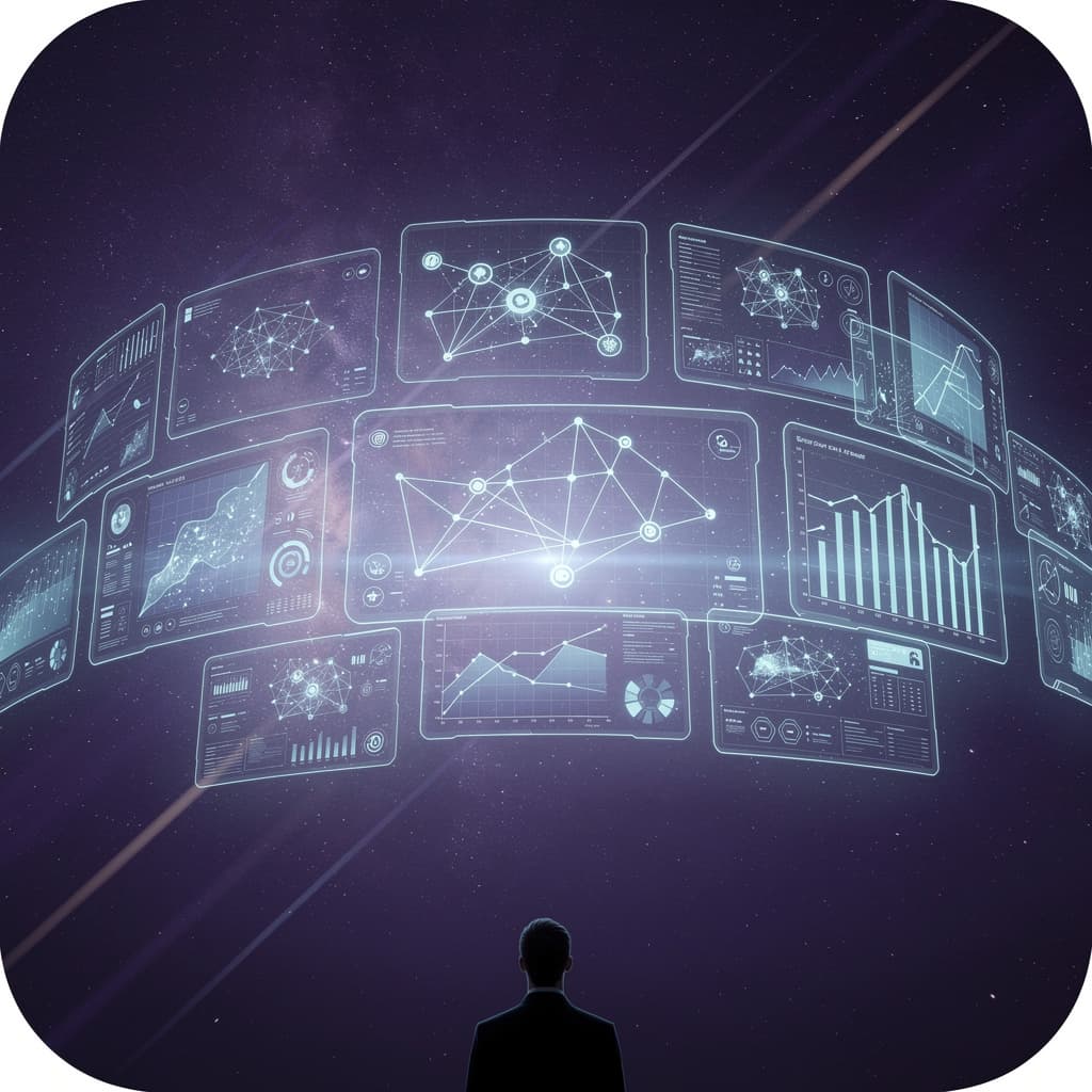 AI generated: wide holographic control panel floating in space, multiple small data 
screens showing abstract grap...