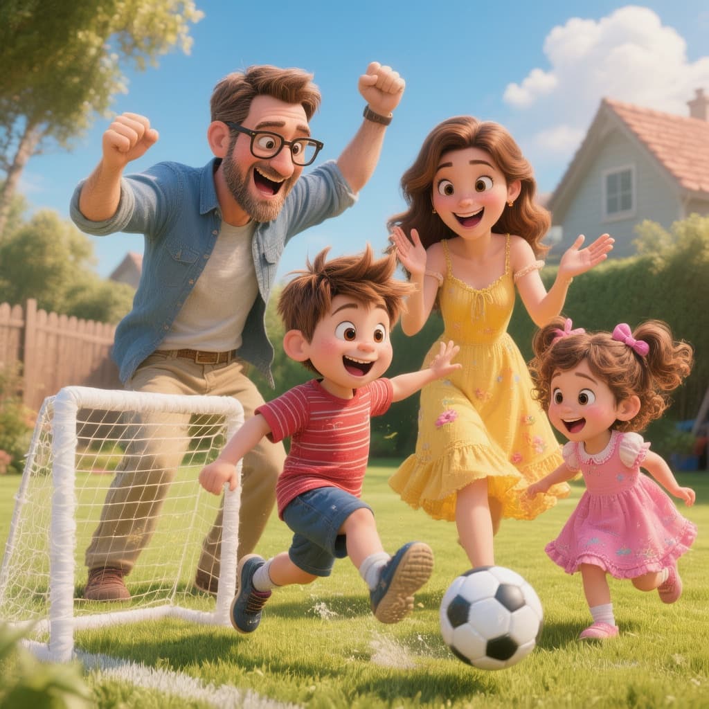 AI generated: Cute animated family: loving father with glasses and a short brown beard, wearing a blue casual shir...