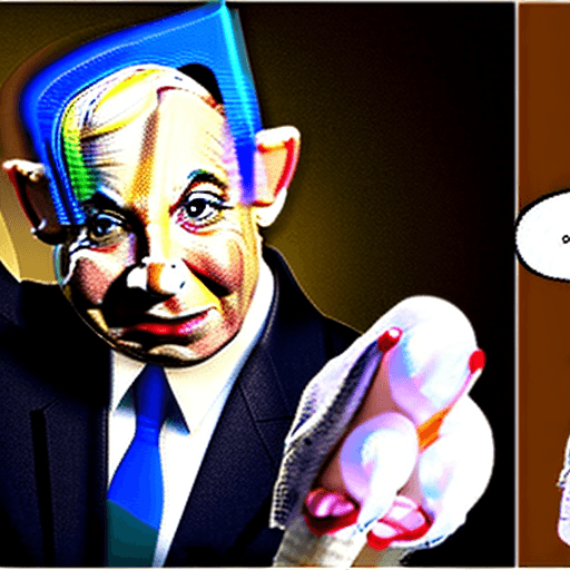 AI generated: Benjamin Netanyahu as Pinocchio puppet with strings, cuddly, arrogant, powerful, high fantasy, epic,...