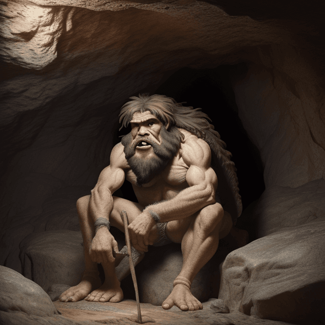 AI generated: A very old prehistoric caveman sitting in a prehistoric cave, frontal view, 8k
