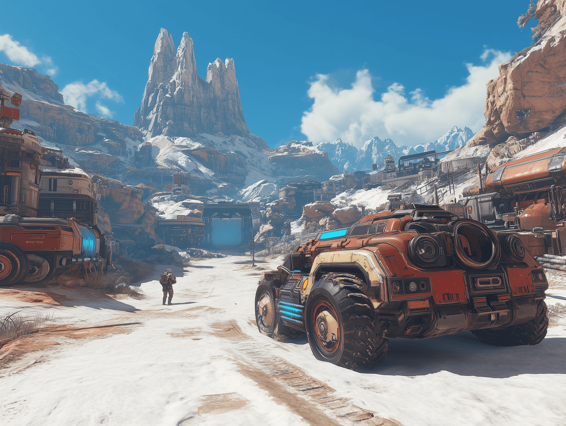 AI generated: A small spacecraft landing on the surface of an alien planet, with tall ancient structures rising in...