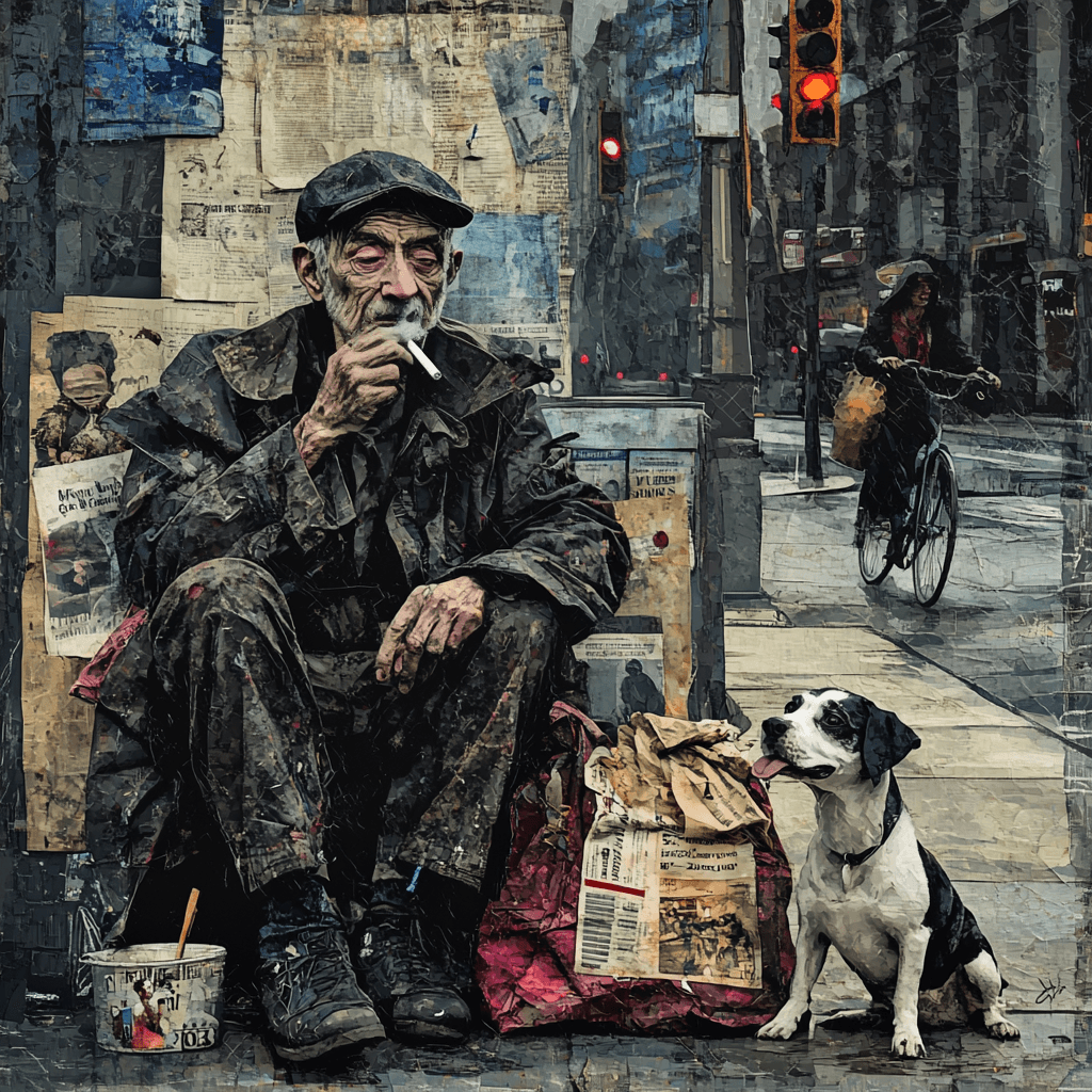 AI generated: :multi layered value study from 1900s in cut paper style:3 of an old homeless man sat on the sidewal...