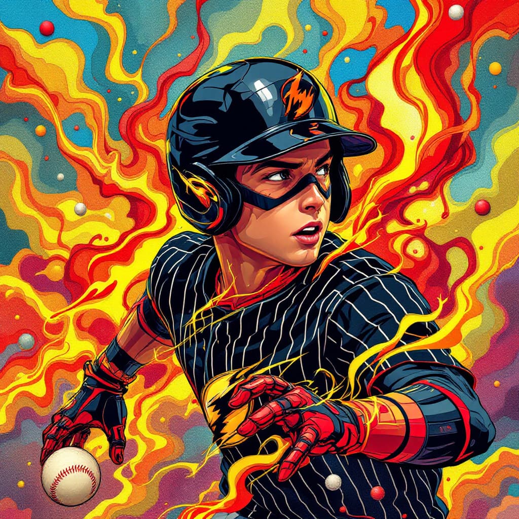 AI generated: an illustration of a flash gordon with a black baseball helmet and black pinstripe shirt with black ...