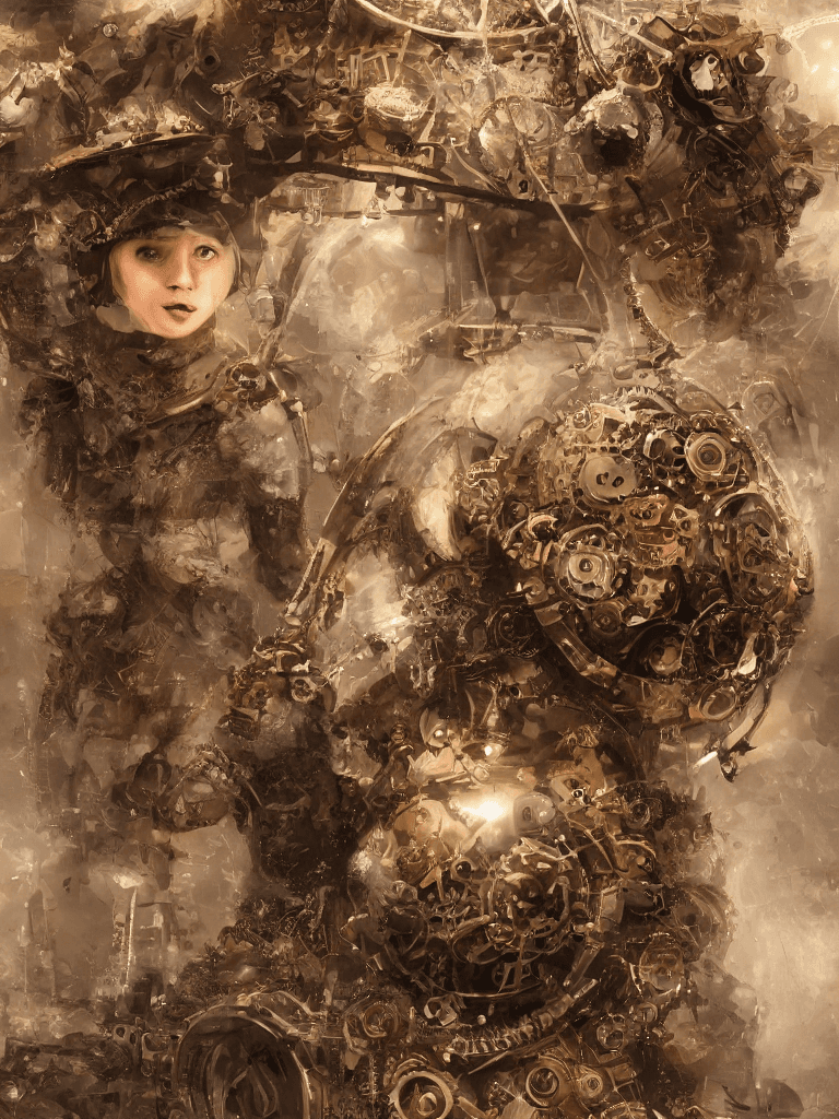 AI generated: Small woman wearing a ( huge:1.6) steampunk sphere helmet (covered with many small gears and spheres...