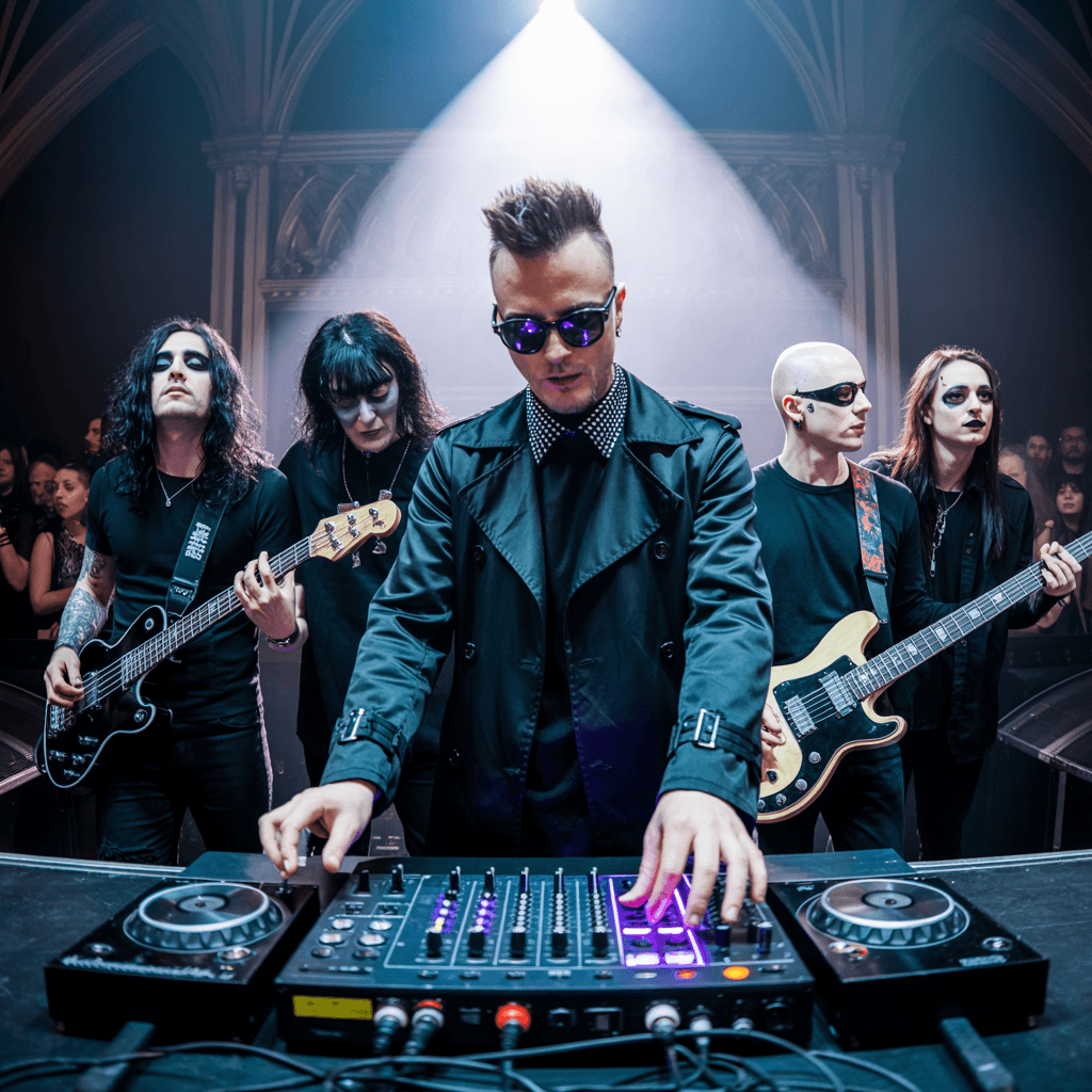 AI generated: Goth rock band, four members, lead by DJ Fra