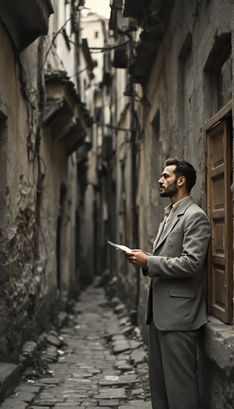 AI generated: A young man from the 1950s standing outside an old Iranian house in the narrow alley. The window of ...