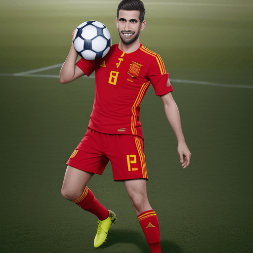 AI generated: pere Spanish soccer player, dressed in spain´s team soccer uniform, soccer ball, smiling, football p...