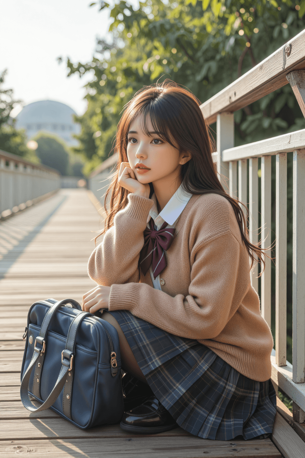 AI generated: The image is a vertical, high-quality realistic photograph of a beautiful young East Asian woman dre...